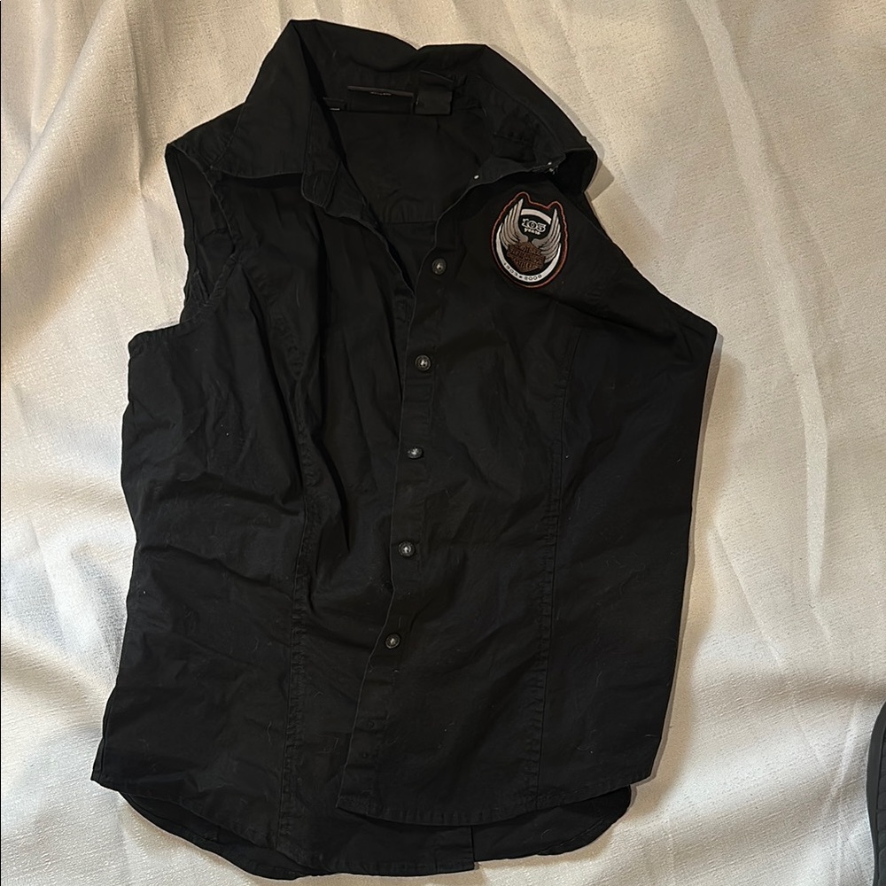 Harley Davidson- Black Sleeveless Button-Up Shirt with Patch